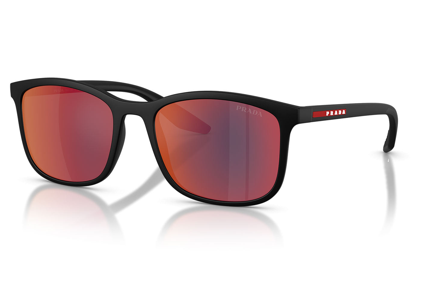 Prada Linea Rossa PS A08S Sunglasses - Matte Black / Dark Grey Mirror Blue / Red